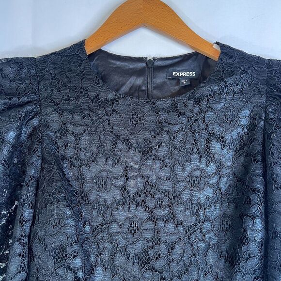 Express NWT Black Lace Overlay Statement Puff Shoulder Elegant Dress Size Small - Picture 10 of 10